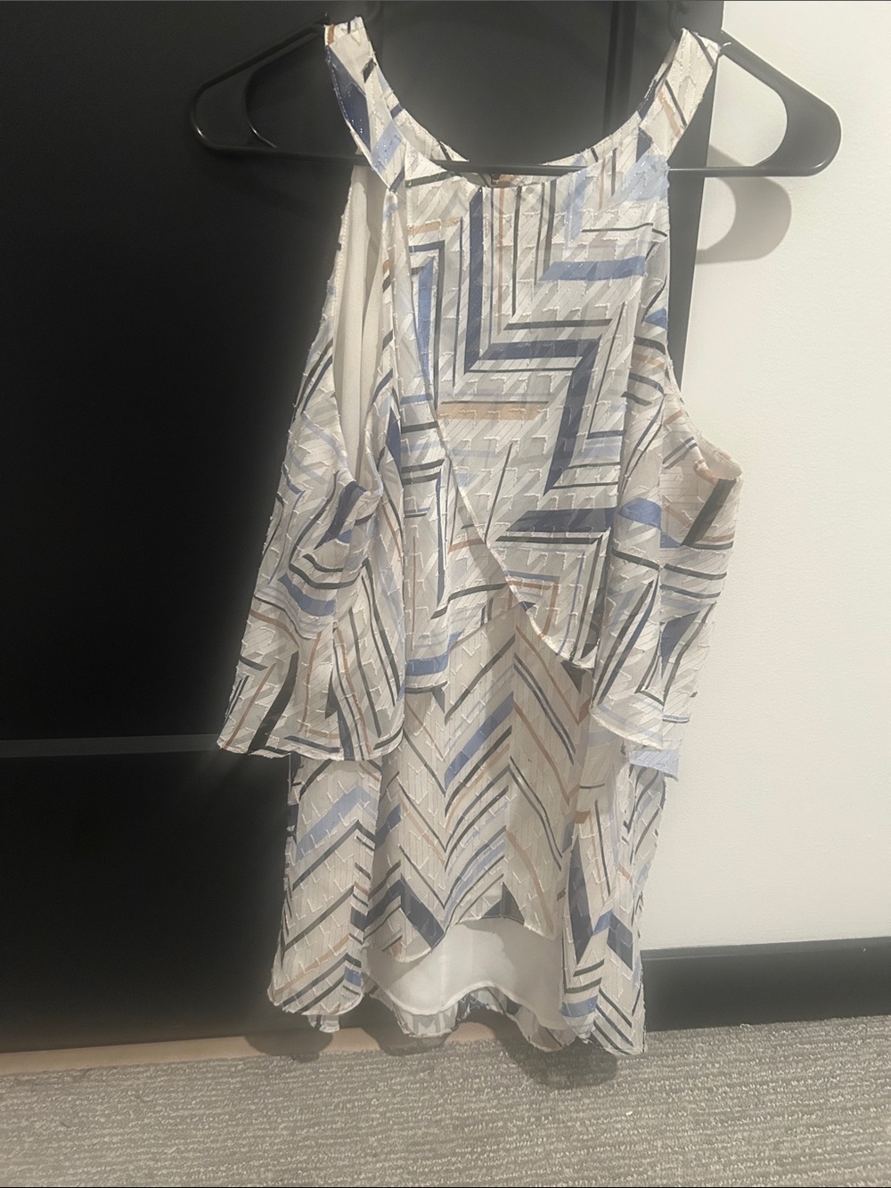 White House Black Market Geometric Ruffle Halter Top in White, Blue and Tan